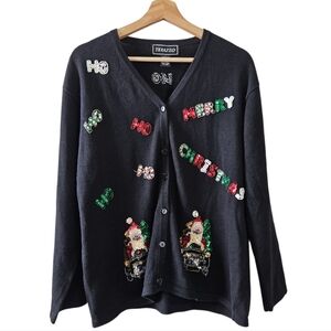 Terazzo Ho Ho Ho Christmas Sequin Cardigan Womens Size Large Ugly Sweater Party